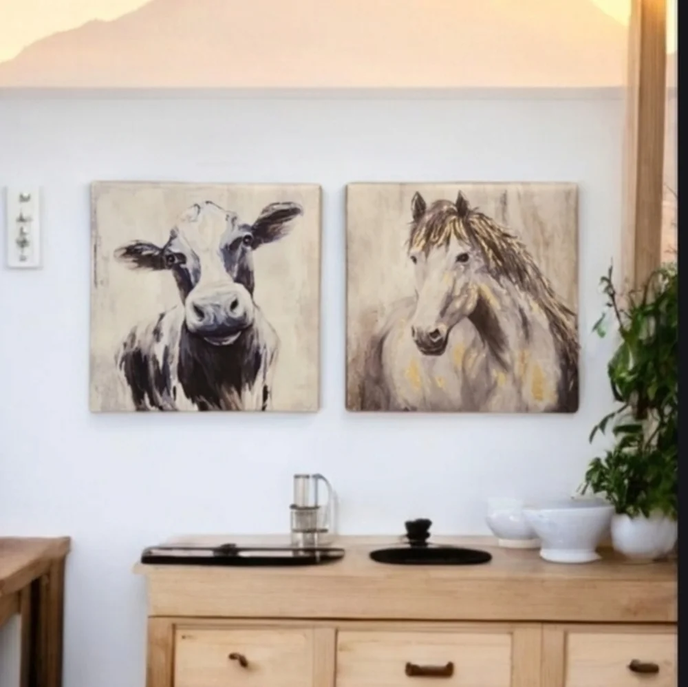 Farm House Home Decor Horse and‎ Cow Animal Wall Art Canvas  8×8